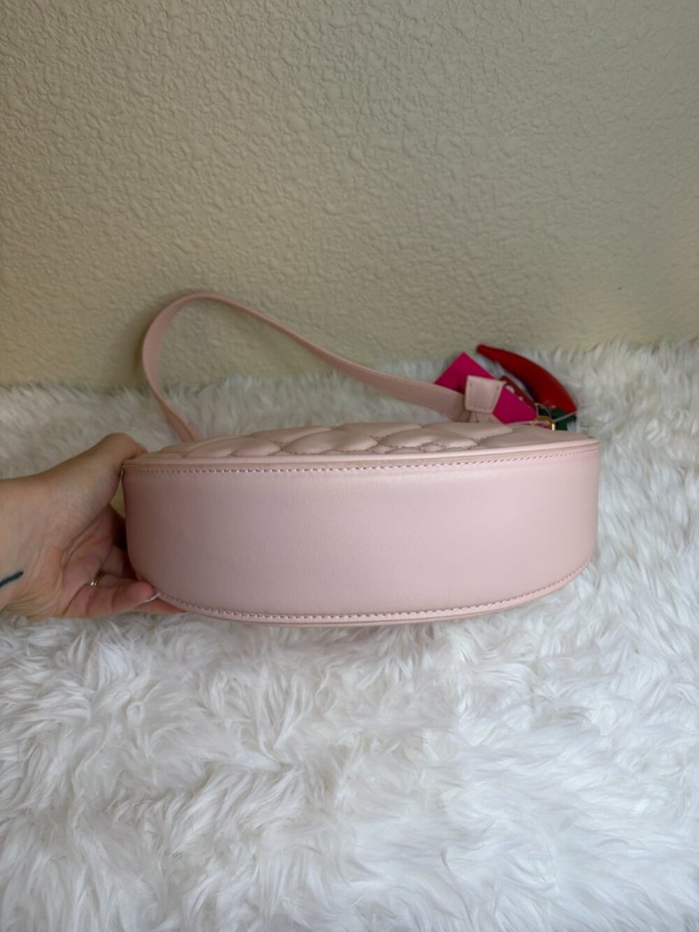 Betsey Johnson Pink Heart Quilted Hobo Bag Hot Stuff Chili Charm NWT - Picture 6 of 7